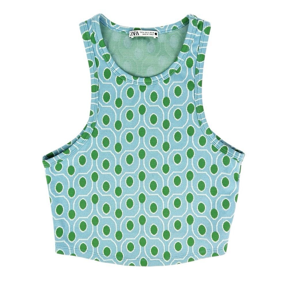 Zara Light Blue Green Dot Heavy Knit Sleeveless Crop Top Tank Size Medium